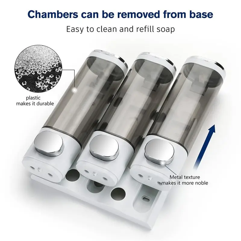 

(ABLP) Wall Mounted Soap Dispenser Bathroom 3 Chambers, Clear Liquid Shower Soap Dispenser with Mounting Screws for Shower Wall