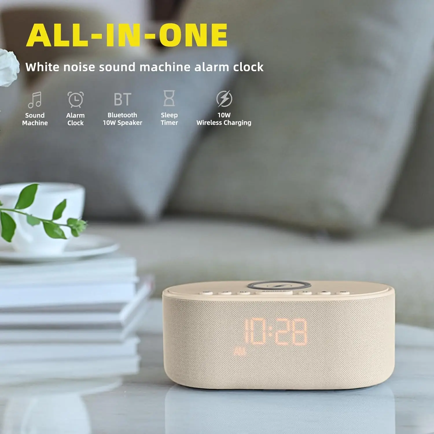 Wireless Charging Alarm Clock with Bluetooth Speaker & 21 Soothing Sounds for Better Sleep