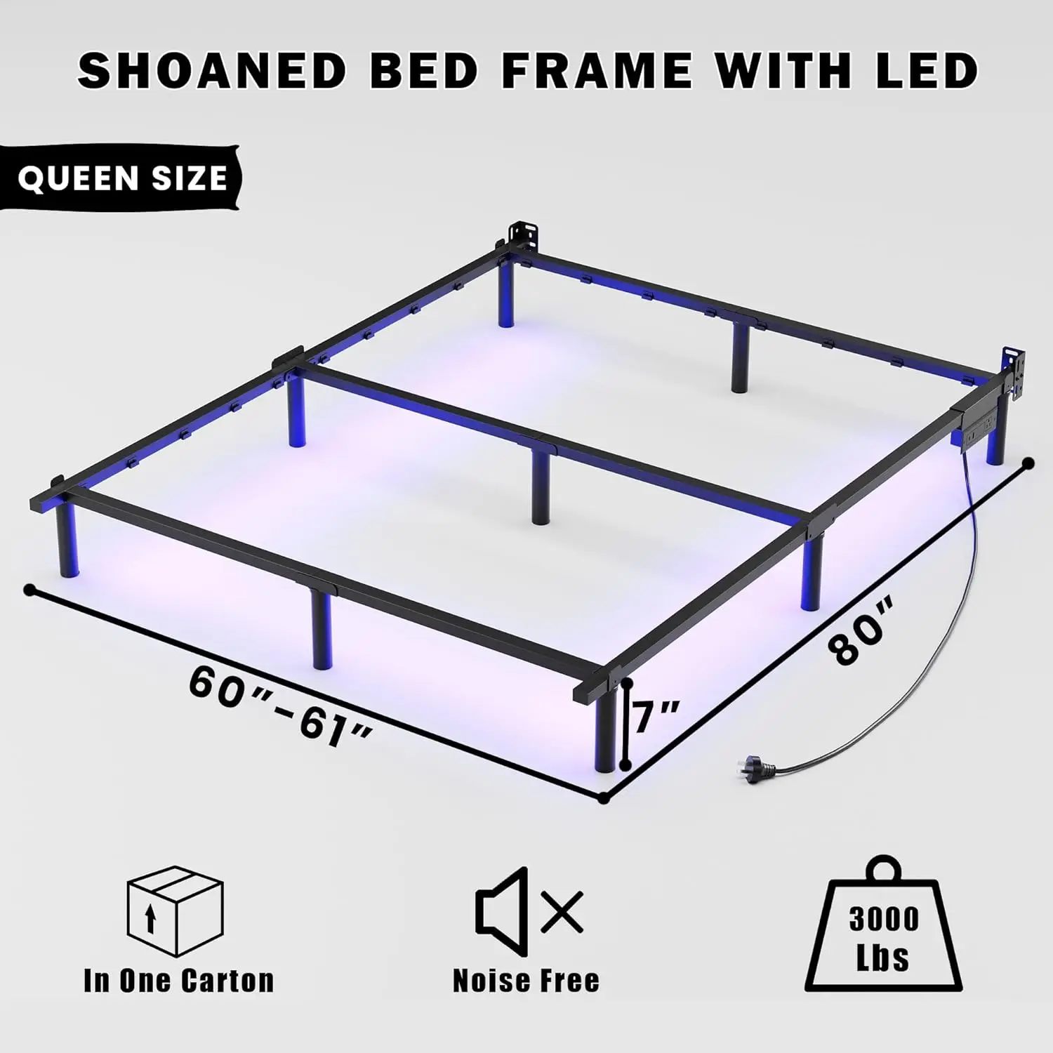 

Каркас кровати размера «queen-size» со светодиодной подсветкой, 7-дюймовый металлический стальной каркас кровати, прочное основание кровати, простая сборка, черный, регулируемый