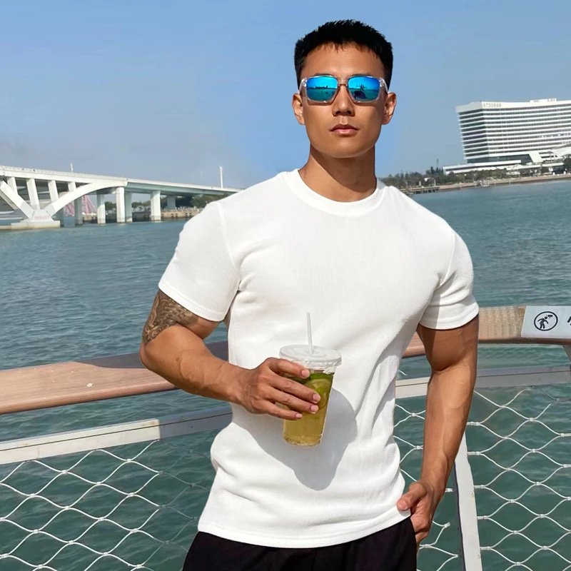 Summer New Men's T-Shirt Classic O-Neck Slim Fitting Elastic Short Sleeves Gym Sports Fitness Running Training Clothes T-Shirt