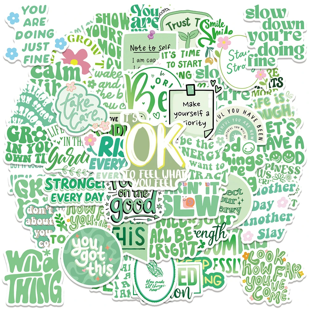 50/100 Pcs Green English Inspirational Quote Stickers Removable PVC Waterproof for Cup Phone Laptop Desk Fridge Guitar Notebook