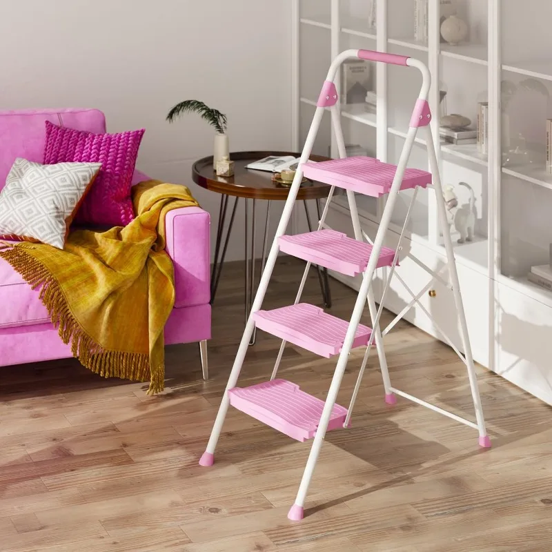 4 Step Ladder, Sturdy Step Stool with Handrail, Anti-Slip Wide Pedals, Foldable Step Stool