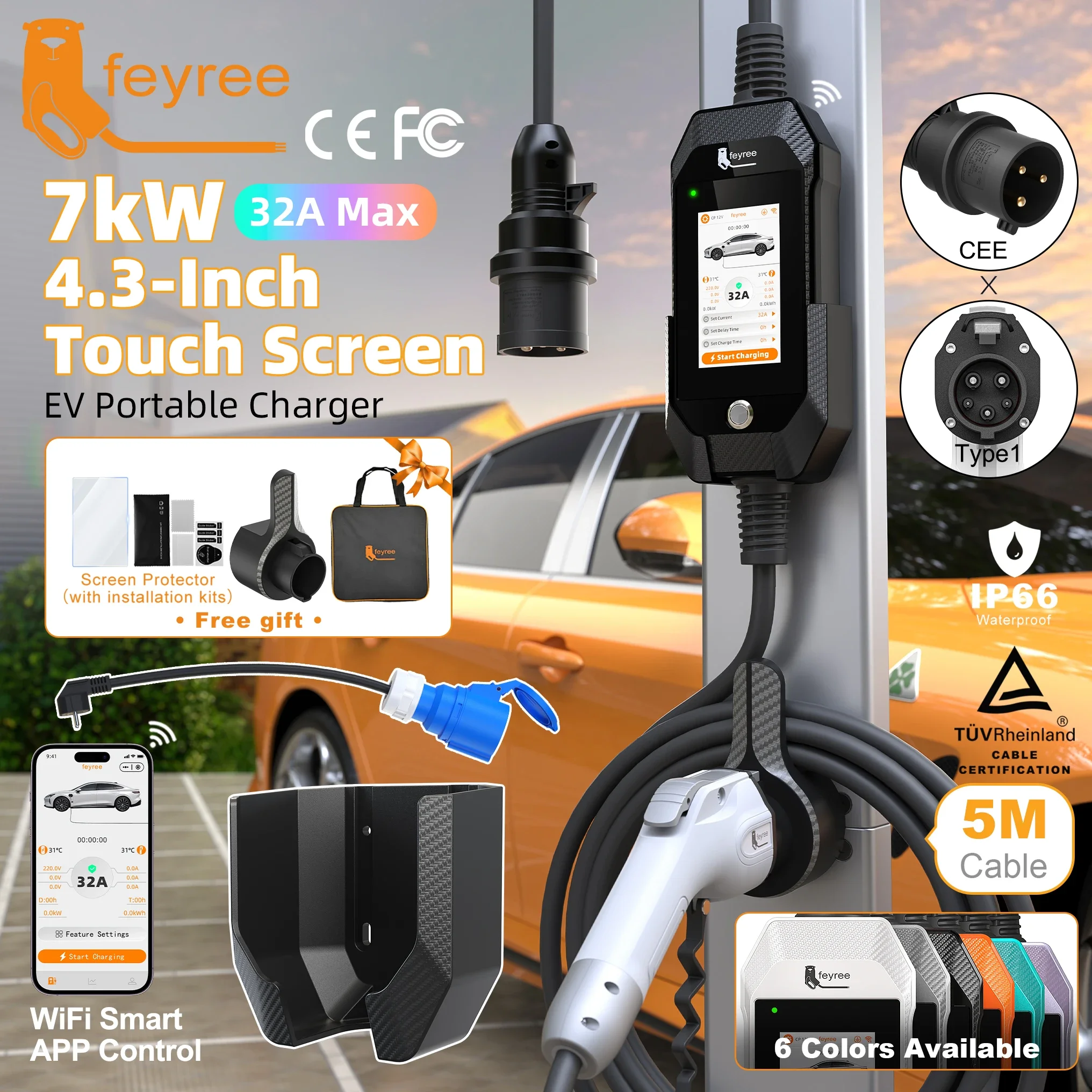 Feyree 4.3'' TouchScreen Type1 Charging Plug Portable 7kW EV Charger Dual Temp Protection with Smart APP OTA Upgrade AC Charger