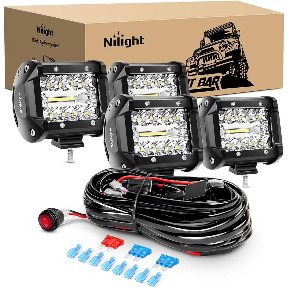 

60W 6000LM Triple Row LED Flood & Spot Combo Light Bar for Boats and Off-Road, 4 Pods, 16 AWG Wiring Harness