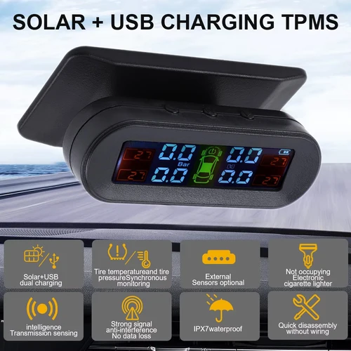 Imagen 1 del producto Sistema de monitoreo de presión de neumáticos, advertencia de temperatura, ahorro de combustible, TPMS Solar con 4 sensores externos, Monitor de presión de neumáticos de coche