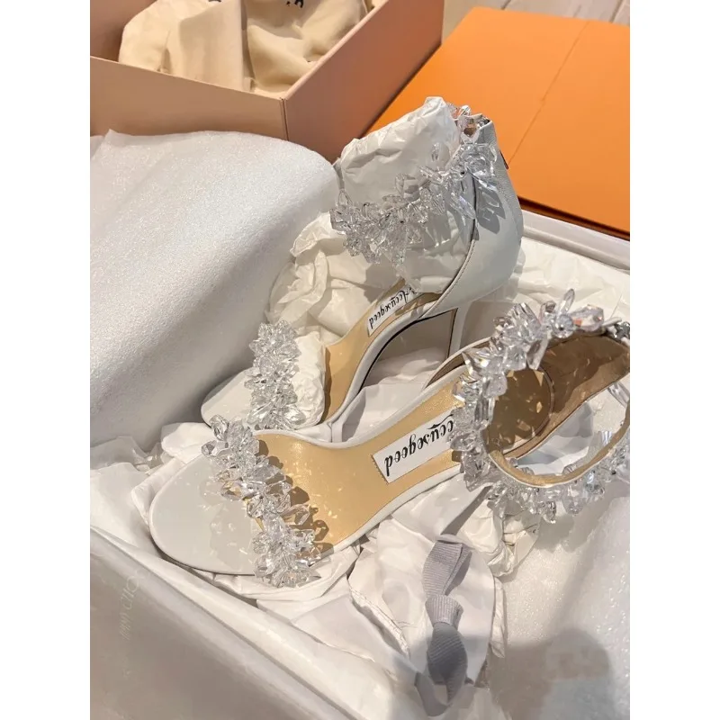 

One line buckle with rhinestones, slim high heels, open toed sandals,women's summer new white crystal shoes, women's fairy style