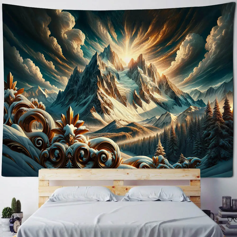 Natural Landscape Oil Painting Tapestry Wall Hanging Bohemian Mountain Forest Background Wall Bedroom Aesthetic Decoration