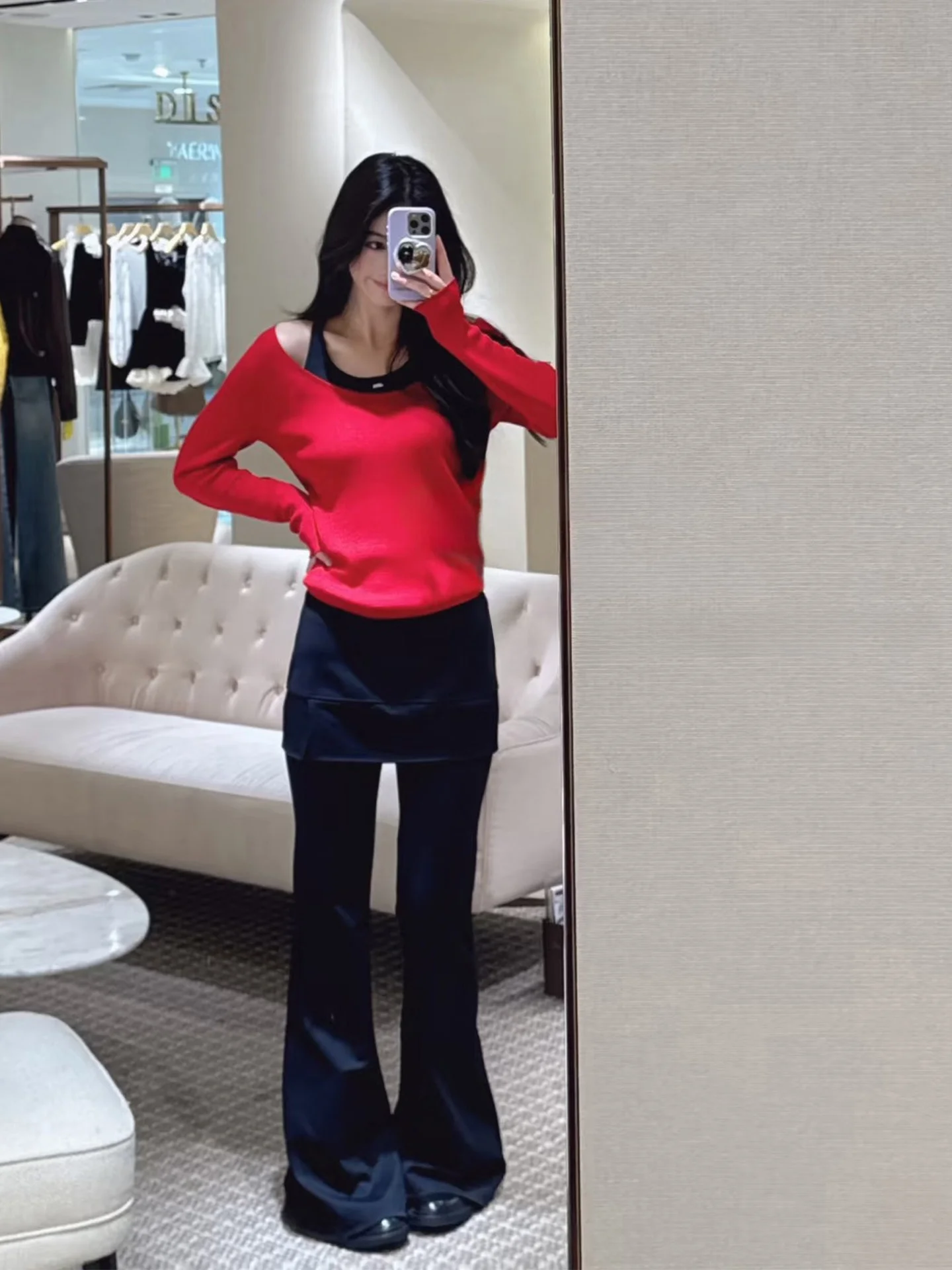

JONI New Year Red Grey Knitted Vest And Black Elastic Wrap around Pants Two Piece Set Fashionable Workwear for Women