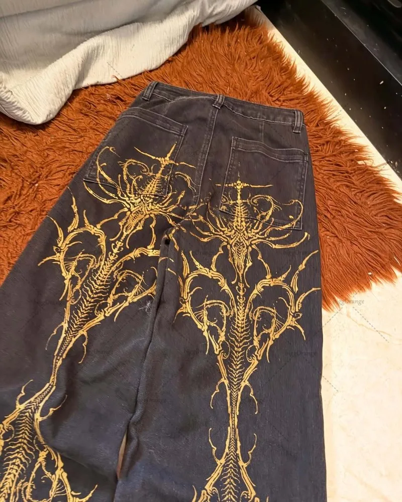 Pantalones vaqueros holgados Retro americanos con gráficos góticos Harajuku de cintura alta y piernas anchas para mujer, ropa de calle de moda, pantalones Harajuku Y2K
