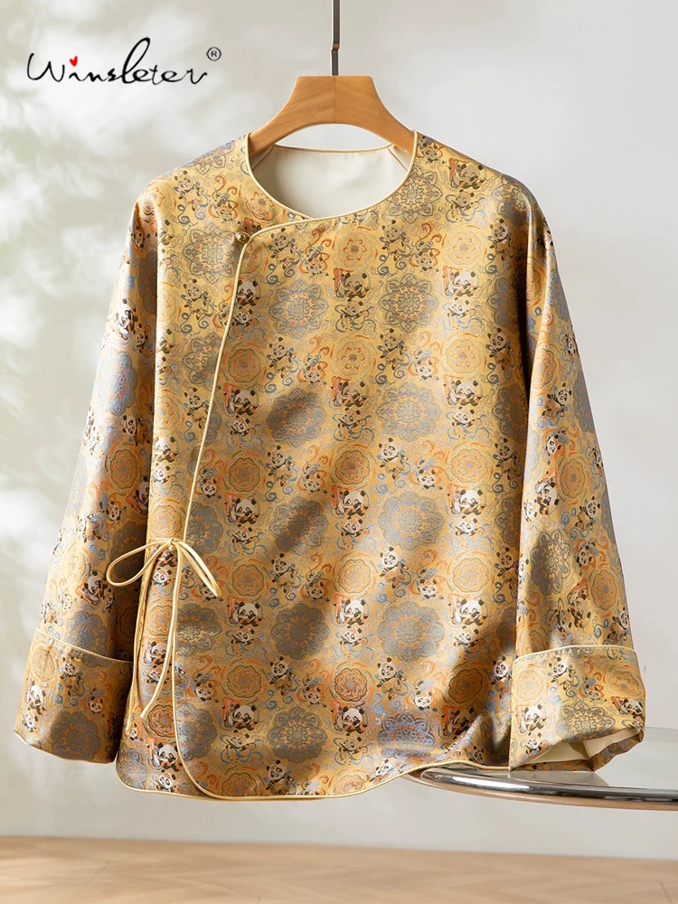 

Winsleter-100%Real Silk Song Brocade Elegant Shirt, O Neck Cute Panda, Women Fashion Chic Loose Blouse, 2025 Winter New T5D466CC