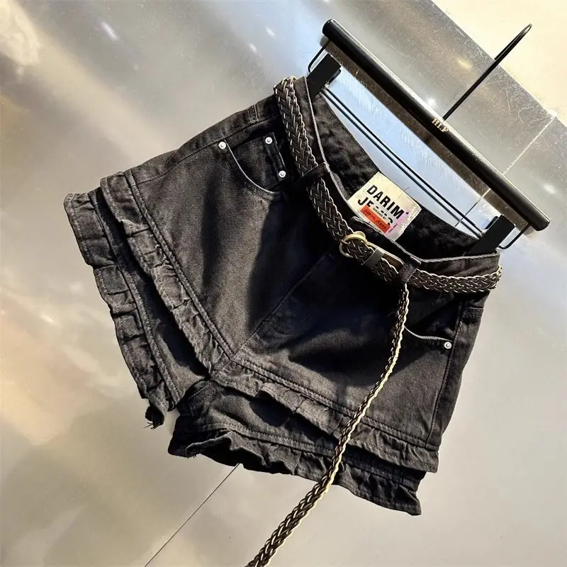 Women's Black Denim Shorts High Waist Ruffle Hem With Braided Belt Casual Summer Shorts