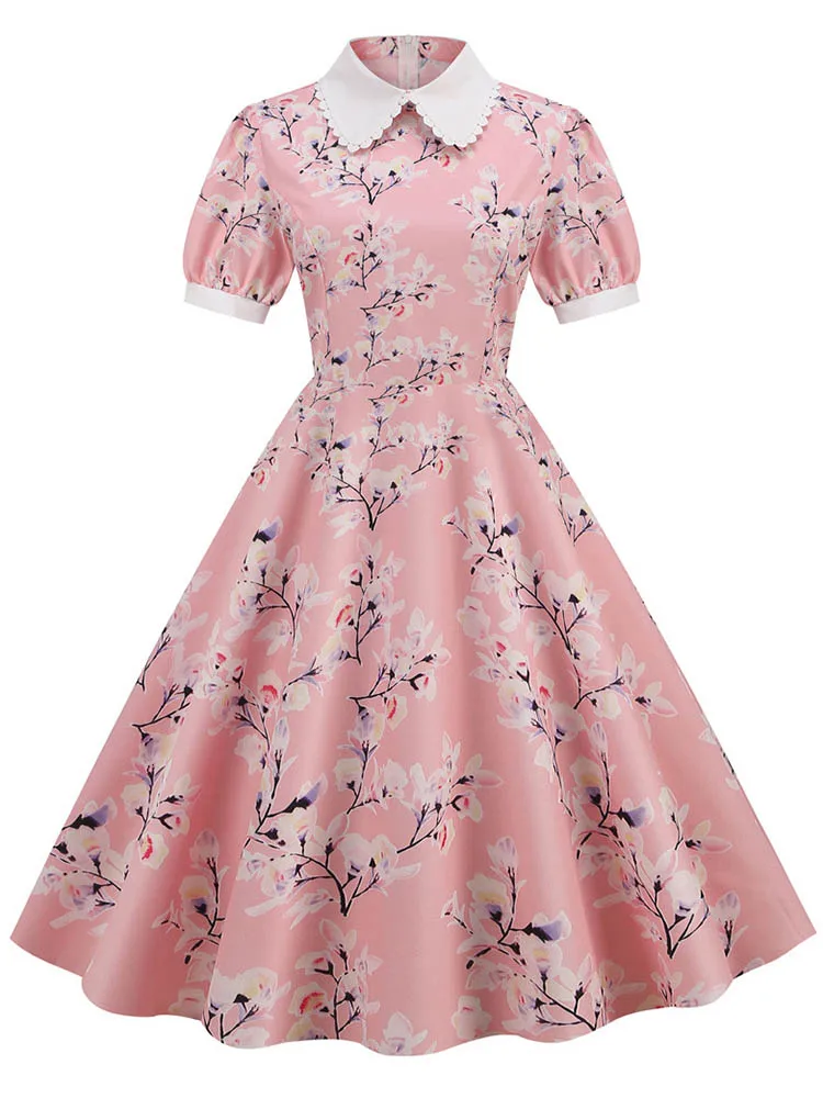 S ~ 3XL Frauen Midi Kleid Floral Print Peter pan Kragen Elegante Party Kleid Puff Hülse Vintage Sommerkleid