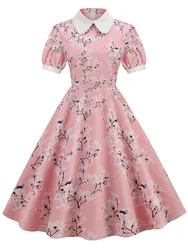 Vestido Midi con estampado Floral para mujer, prenda elegante con cuello Peter pan, manga abombada, Estilo Vintage, S a 3XL