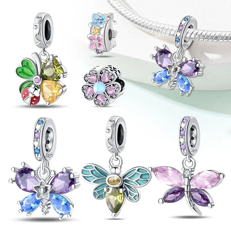 

Springtime 925 Silver Gem Butterfly Dragonfly Flowers Charms Pendant Fit Pandora Original Bracelets DIY Jewelry for Women Gift