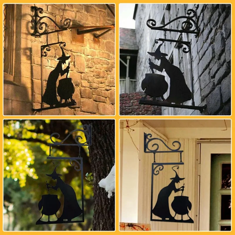 1pc Halloween Garden Patio Door Decor Witches Cauldron Silhouette Corrosion and Deformation Resistance Garden Corner Sign