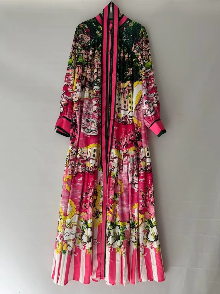 Vestido Retro con estampado de paisaje de frutas y verduras, vestido camisero con lazo en la cintura, falda acampanada plisada holgada, otoño 2025