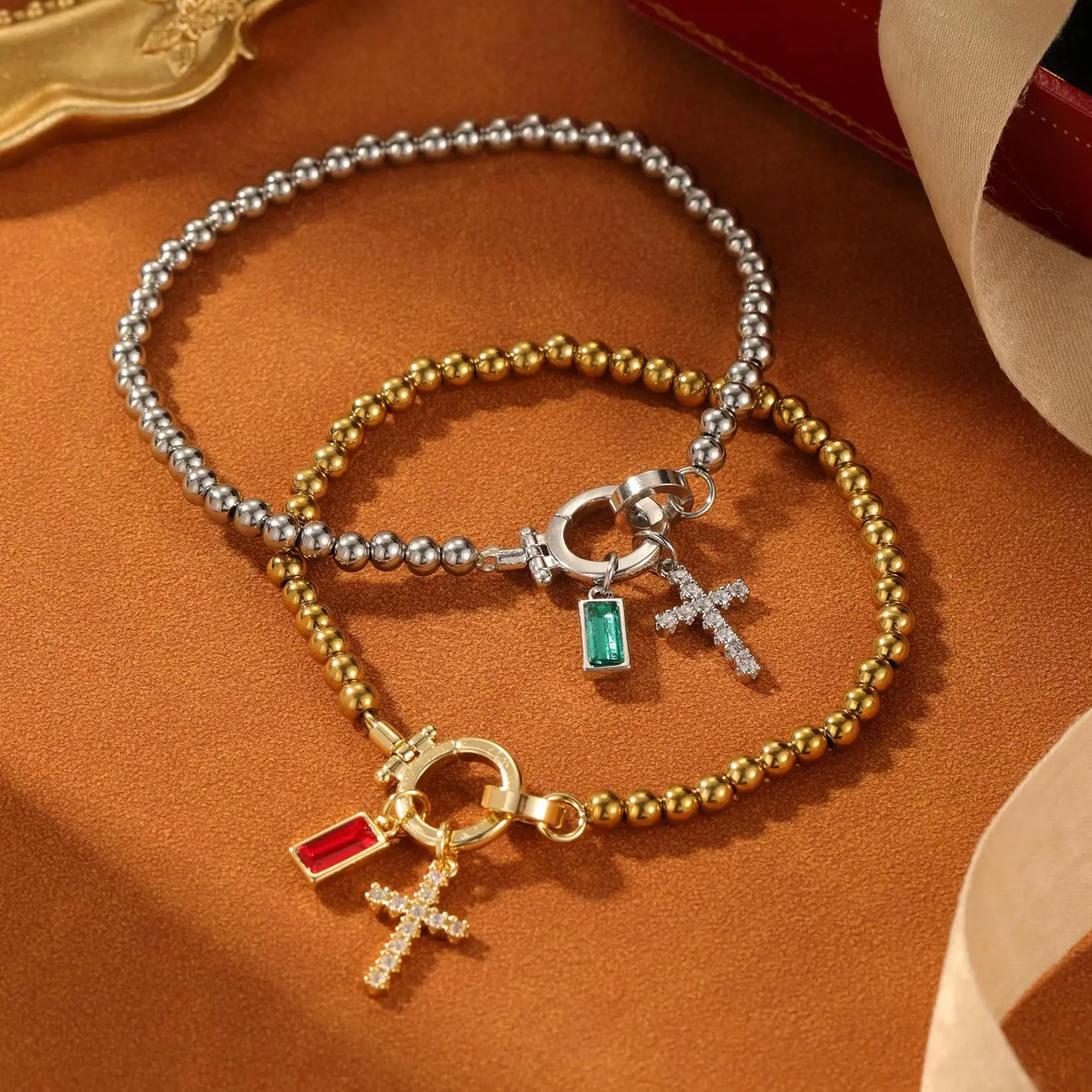

Personalized Birthstone Bracelet Luxury Zircon Cross Bracelet 18K Gold Plated Bead Bracelet Perfect Christmas Gift for Her