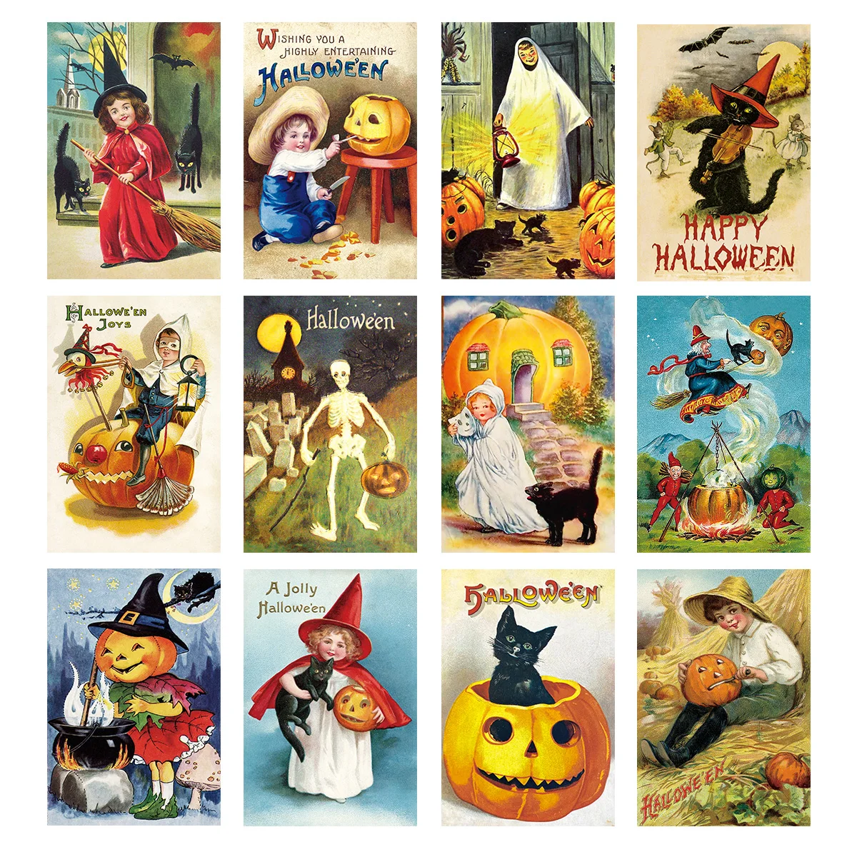 12 stücke Vintage Halloween Postkarten Set, klassische Hexe & Kürbis Illustrationen, Retro Halloween Grußkarten festliche Dekorationen