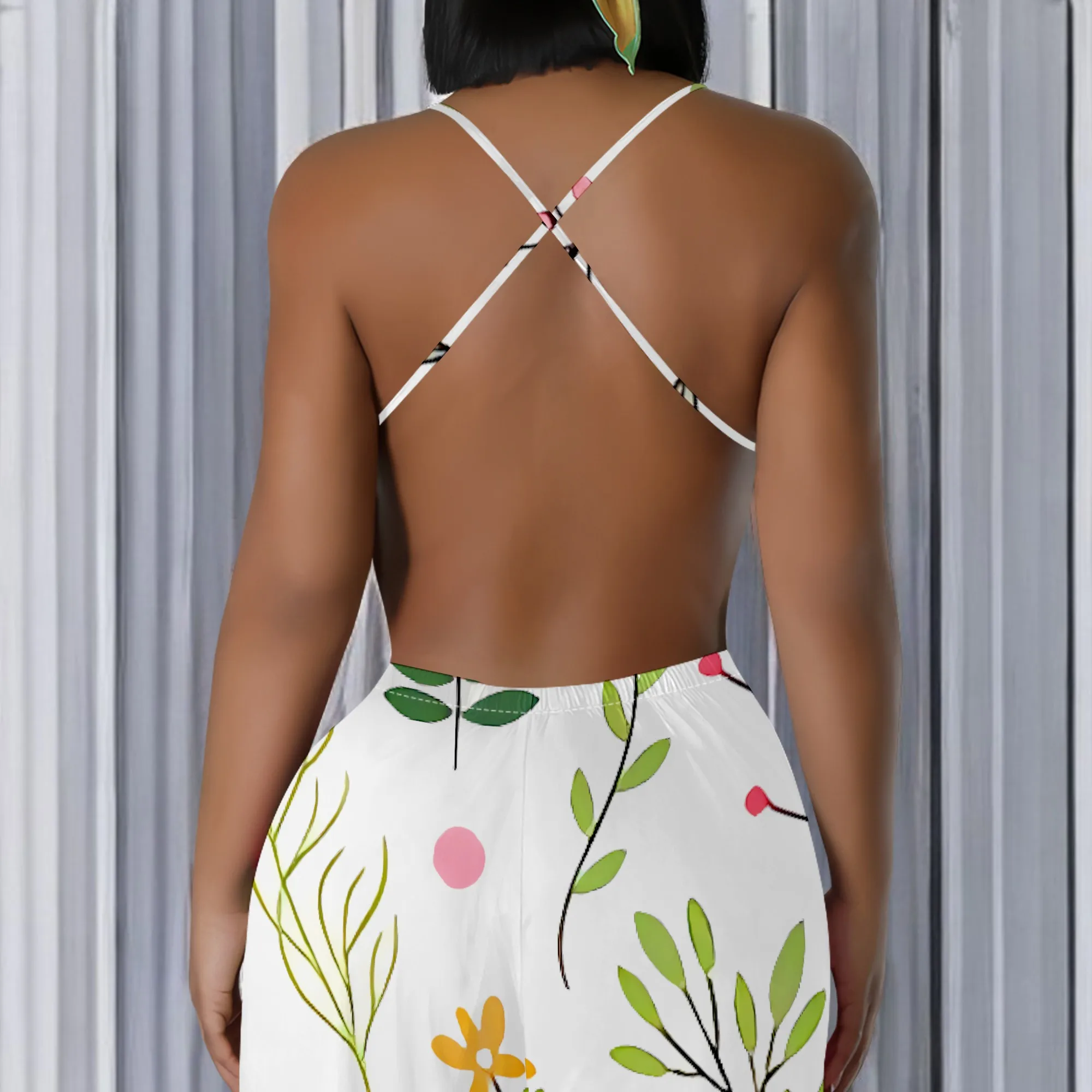 Fresh Leaf Floral Print Jumpsuit Women Sleeveless Spaghetti Strap Wide-Leg Summer Outfit