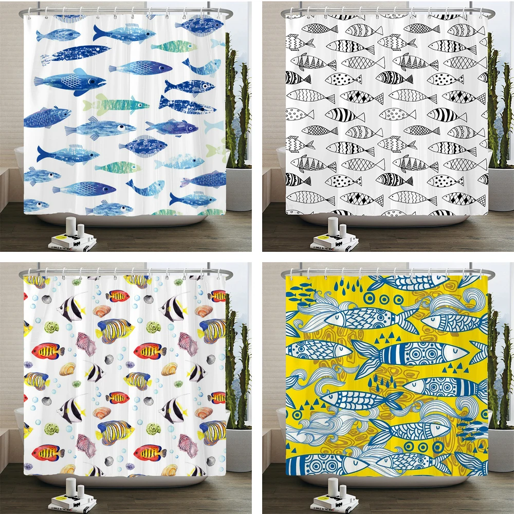 Blue Seabed Fish Shower Curtain Modern Art Ocean Animal Waterproof Colorful Bath Curtains Home Bathroom Decor Curtain With Hooks