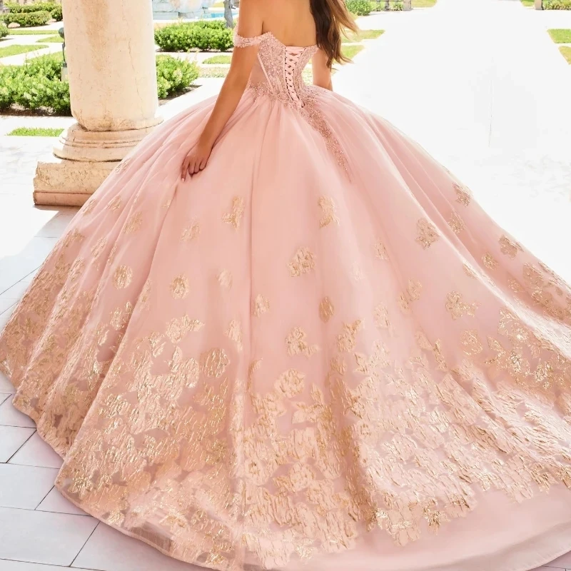 Pink Sweetheart Quincenara Dresses Ball Gown Off the Shoulder Gold Appliques Lace Tull Sweet 15 Vestidos De XV Años