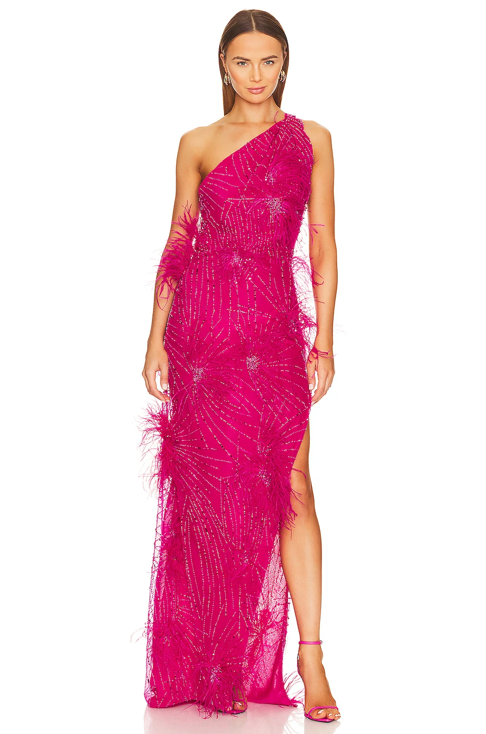 

2024 Summer Luxury Pink One Shoulder Diamonds Sequines Beading Furry Open Leg Long Birthday Celebrity Evening Party Dress