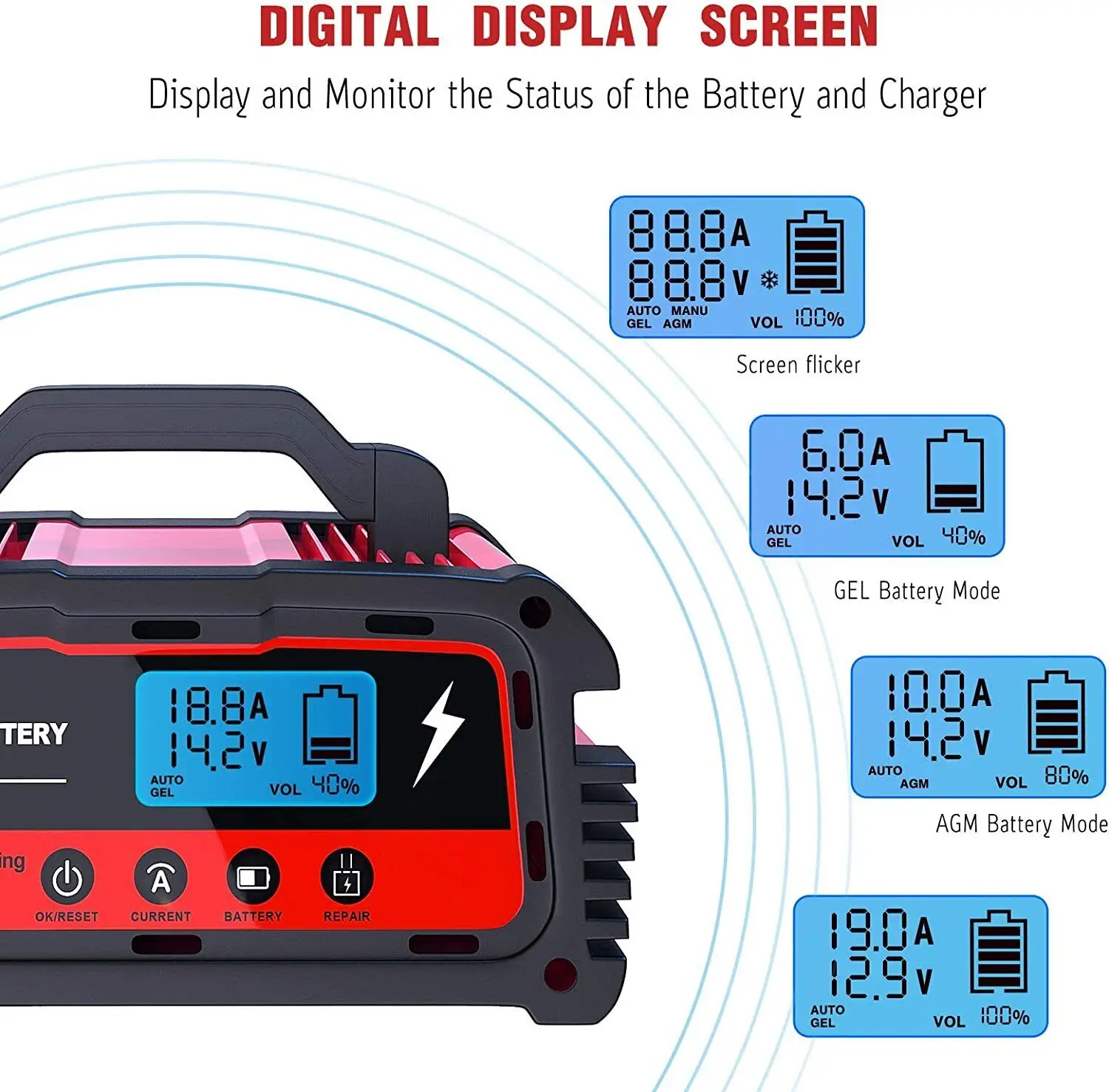 110V Car Lead-Acid Battery Charger Fully Automatic Smart Charging AGM GEL Circulation Diagnostic Testing Pulse Repair Parts