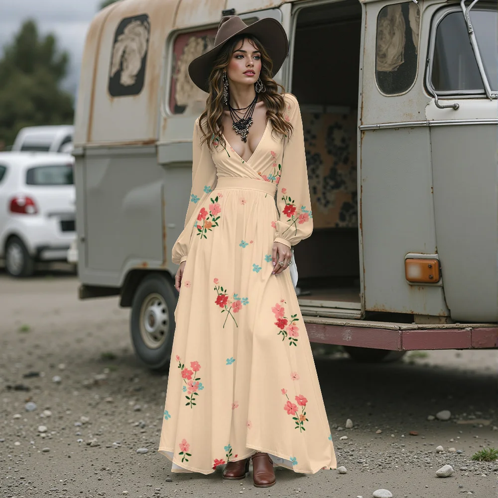 Abito lungo floreale elegante romantico sexy con scollo a V profondo Abito Boho in chiffon a maniche lunghe da donna per eventi speciali, appuntamenti o vacanze
