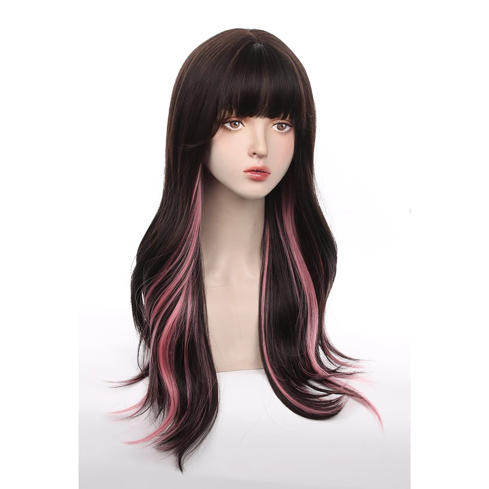 شعر مستعار طويل مستقيم أسود أومبير وردي مقاوم للحرارة مع لوليتا صناعية للنساء للحفلات التنكرية يوميًا