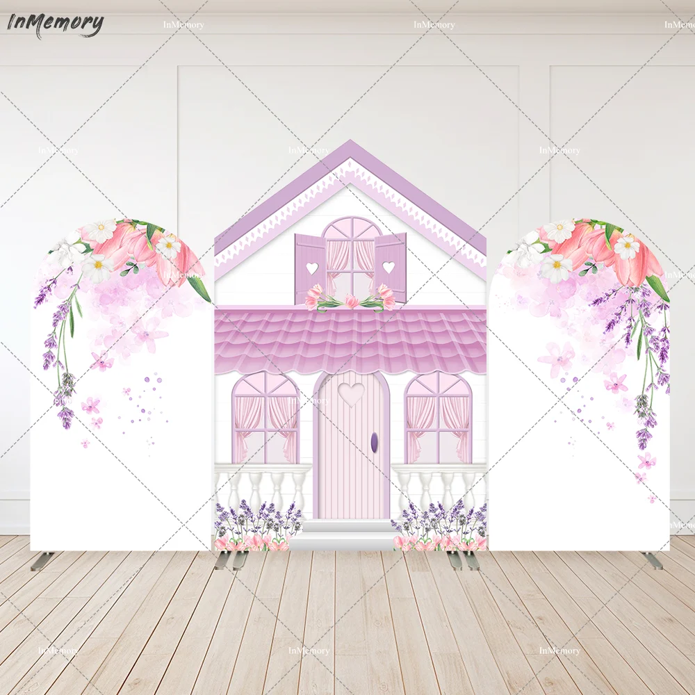 Purple Flower Doll House Barn Arch Backdrop Cover for Girls Baby Shower Decoration Fairy Princess Birthday Party Arched Wall