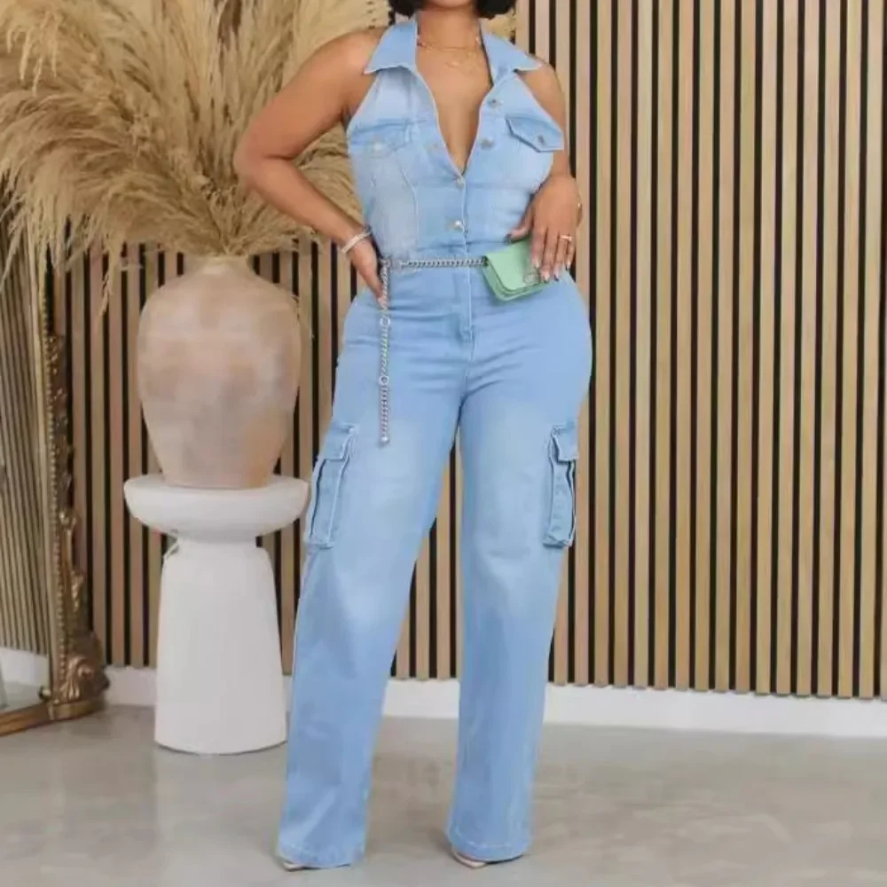 FAGADOER jumpsuit gaya Denim biru jumpsuit satu potong celana panjang saku Halter jins dicuci wanita playsuit koboi wanita