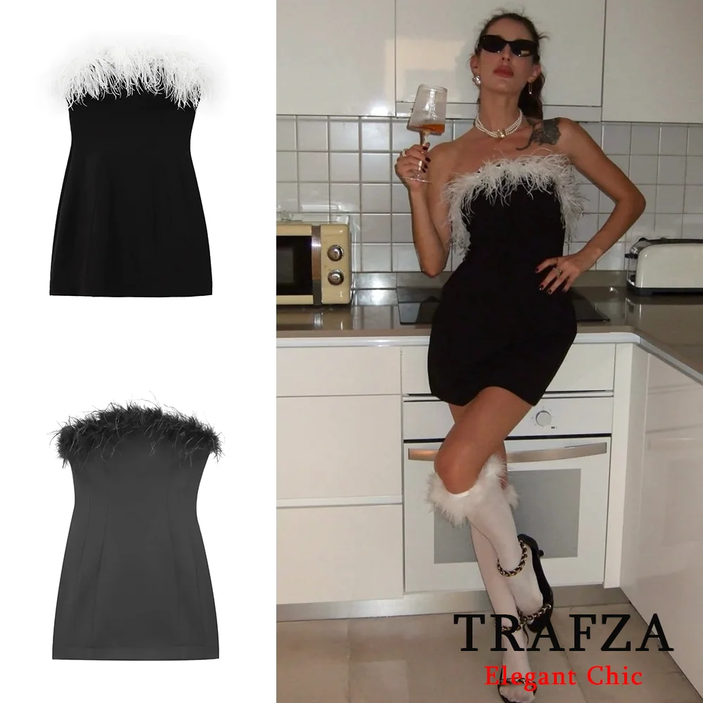 TRAFZA Women Sexy Feathers Strapless Feathers  Black Slim Dress New 2024 Spring Summer Fashion Dinner Slim Party Dress