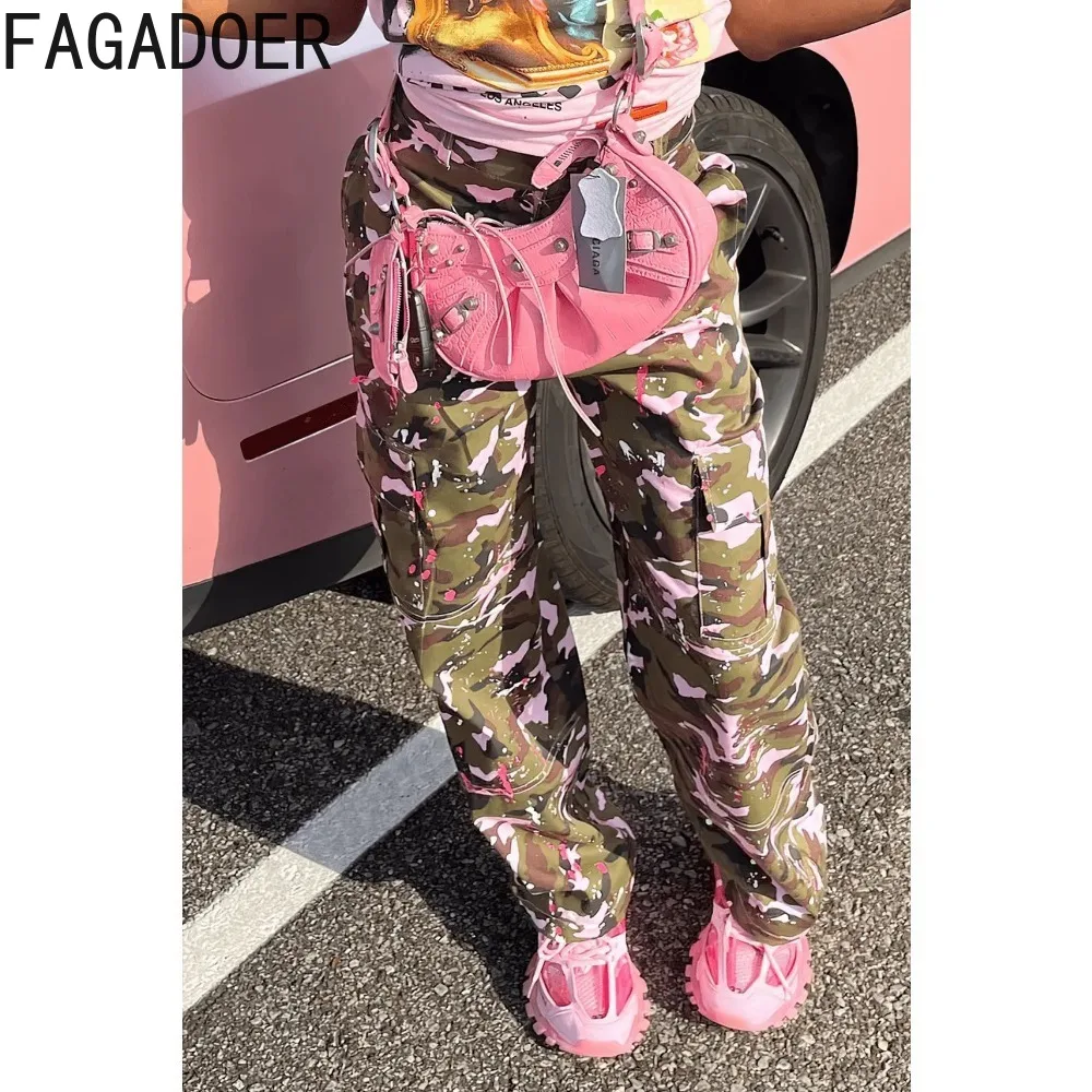 FAGADOER-Pantalones rectos con estampado de camuflaje para mujer, pantalón de cintura alta con bolsillos y botones, color rosa, Y2K, informal, deportivo, novedad