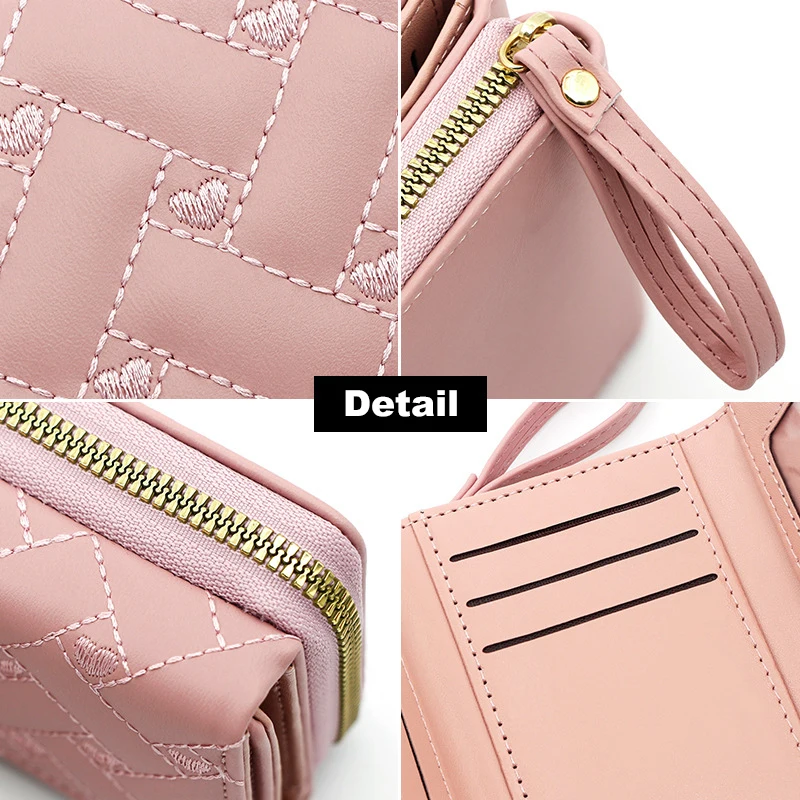 Embroidered Heart Pattern Coin Purse Women PU Short Wallet With Multi-card Position Lady Solid Color Tri-fold Zipper Money Bag