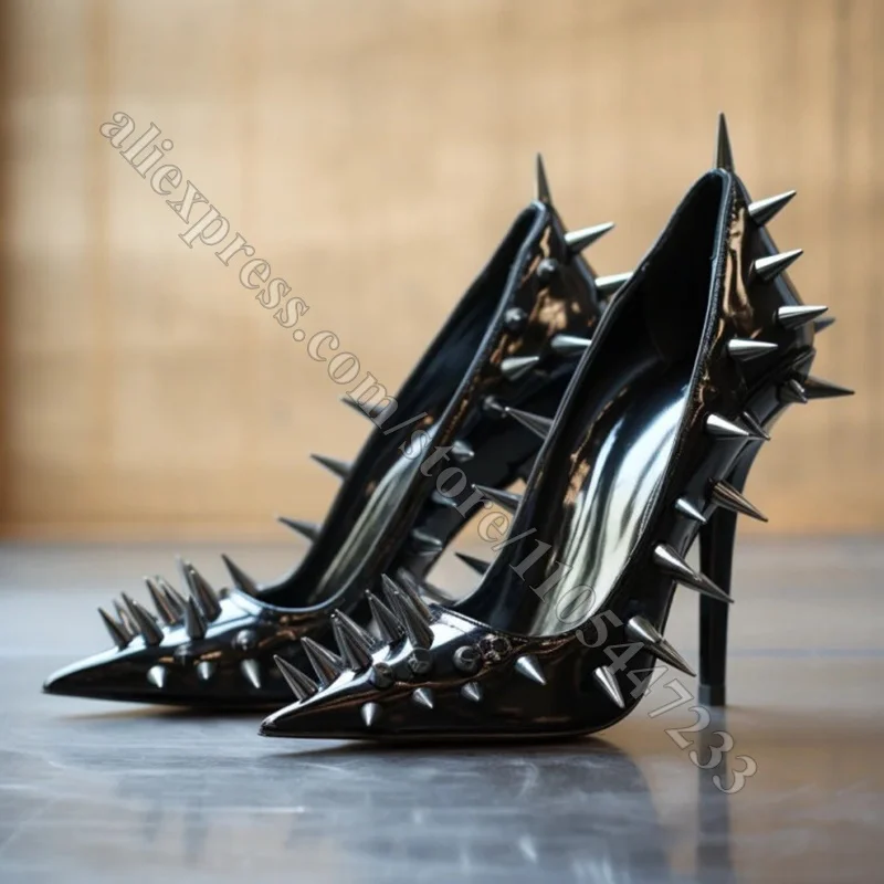 Full Rivet Spike High Heels Women Pointed Toe Slip On Pumps Black Patent Leather Stiletto Heels Goth Punk Concert Stage Shoes