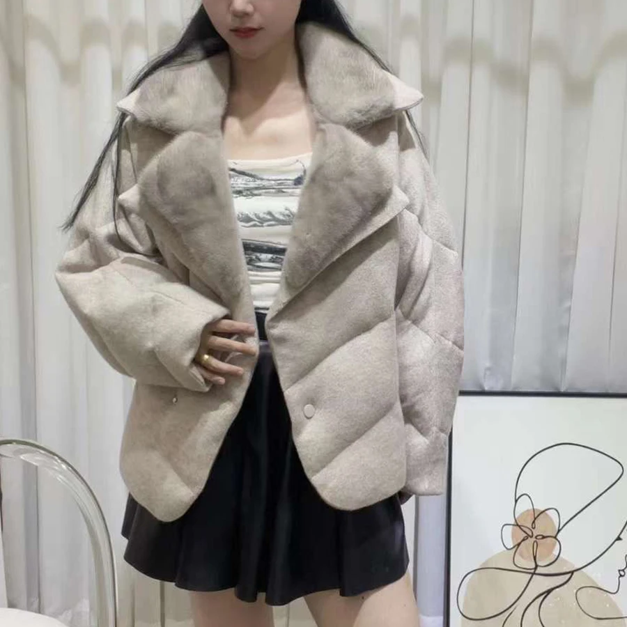 Goose Down Jackets With Natural Fur Cropped Cashmere Mink Down Jacket Wool Puffer Fur Coat Winter Warm Real Fur Coats