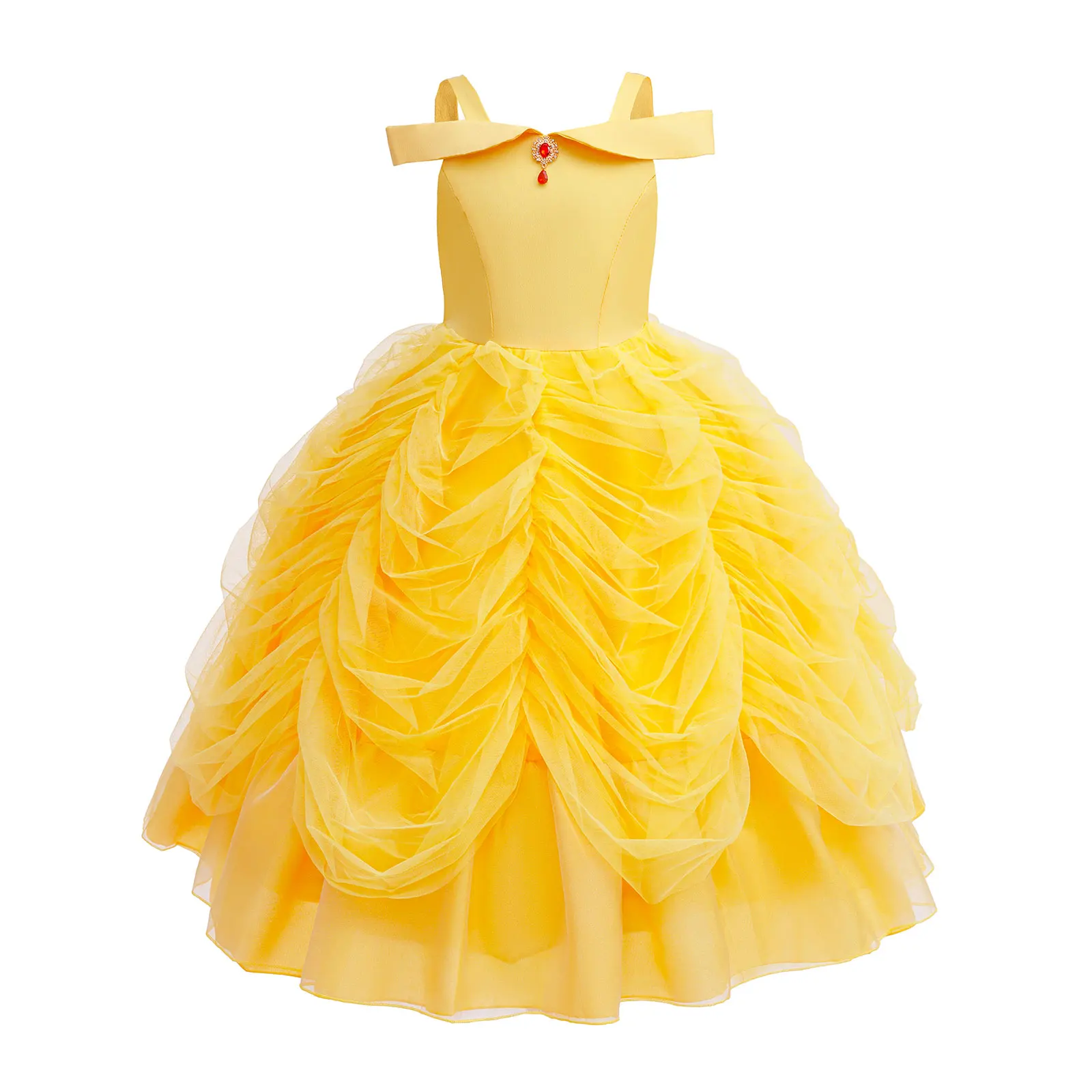 Girl Yellow Elegant Off Shoulder Princess Dress Ruby Embellishment Ruffled Tulle Ball Gown Halloween Party Belle Cosplay Costume