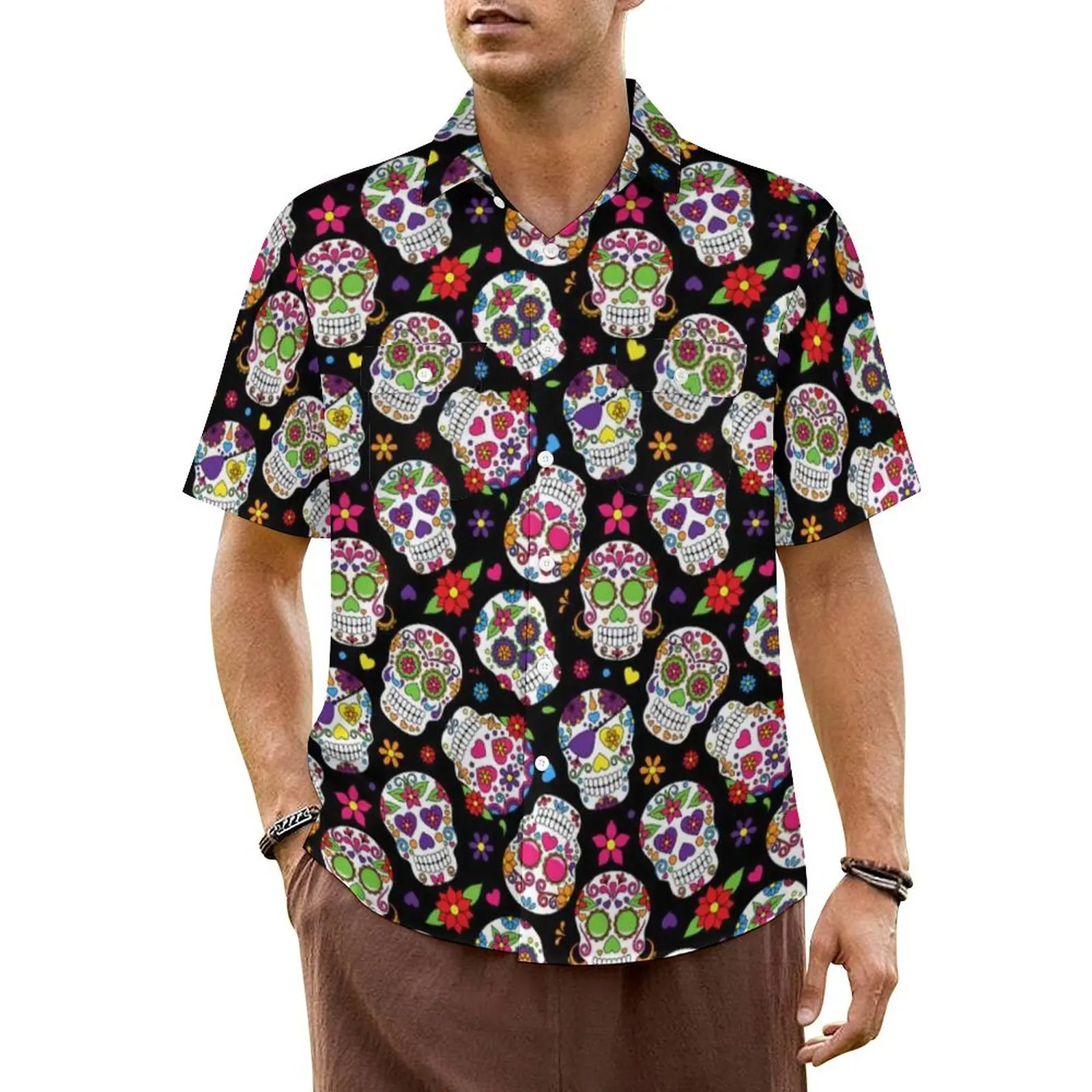 

Mexican Sugar Skull Beach Shirt Colorful Skulls Floral Print Hawaii Casual Shirts Male Classic Blouses Short Sleeve Y2K Clothes