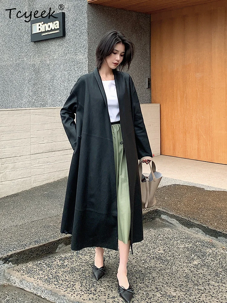 Tcyeek Pelle di pecora Primavera Autunno Colletto nero del vestito Vintage Giacca in vera pelle da donna di media lunghezza Жaki Julaiжаusus Куртка