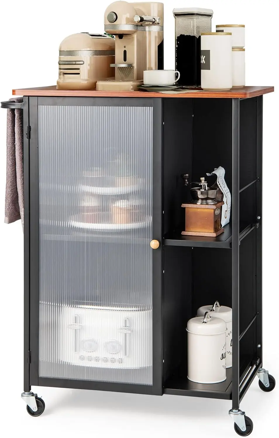 Mobile Kitchen Island, Storage Cabinet, Open Shelves & Towel Handle, Kitchen Storage Utility Cart on Wheels, Wood