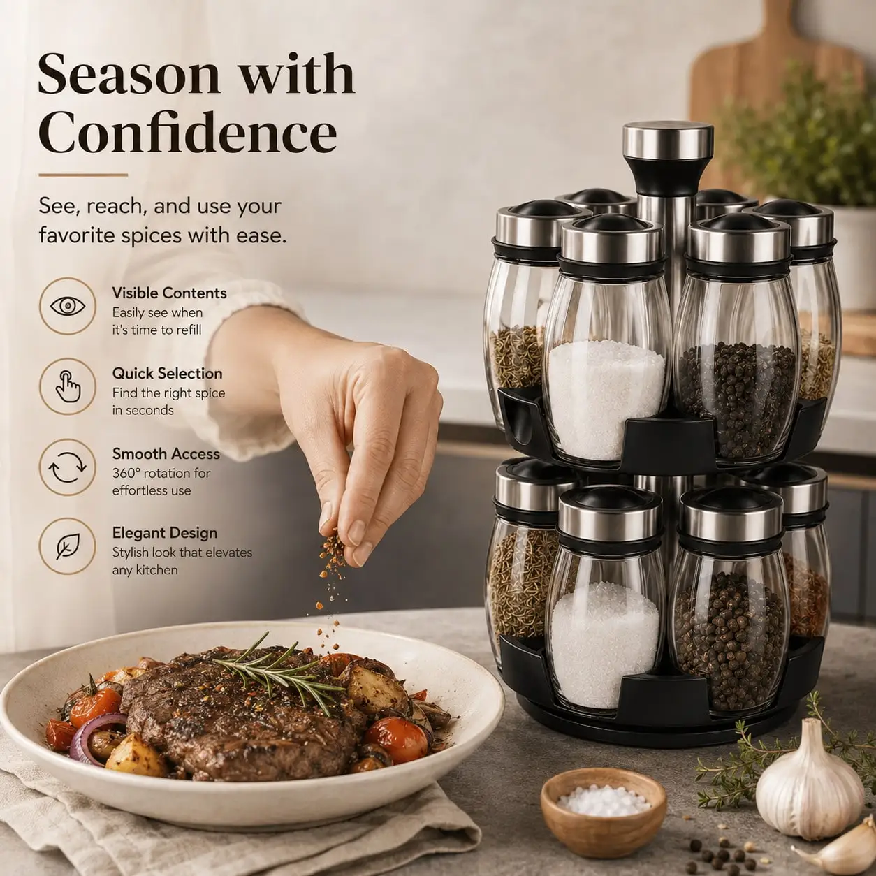 360° Rotatable Spice Jar Set Organizer, Multi-Layer Revolving Seasoning Rack With Transparent Glass Spice Bottles, Airtight Spice Containers For Salt Pepper Herbs Spices, Rustic Kitchen Counter Storage Organizer