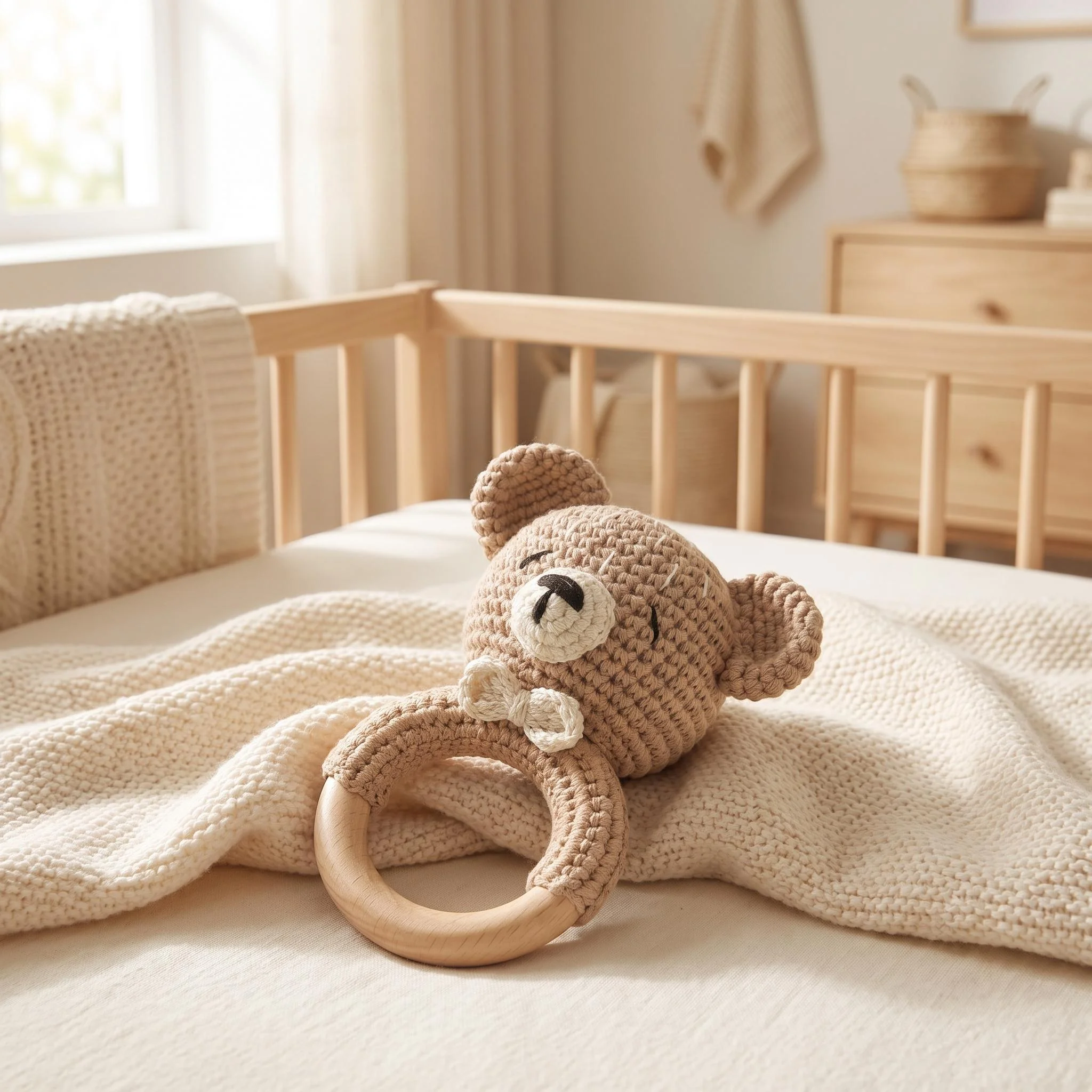 Wooden Bee-Themed Baby Crib Mobile, Nursery Hanging Rattle Set, Infant Sensory Toys for 0-12 Months