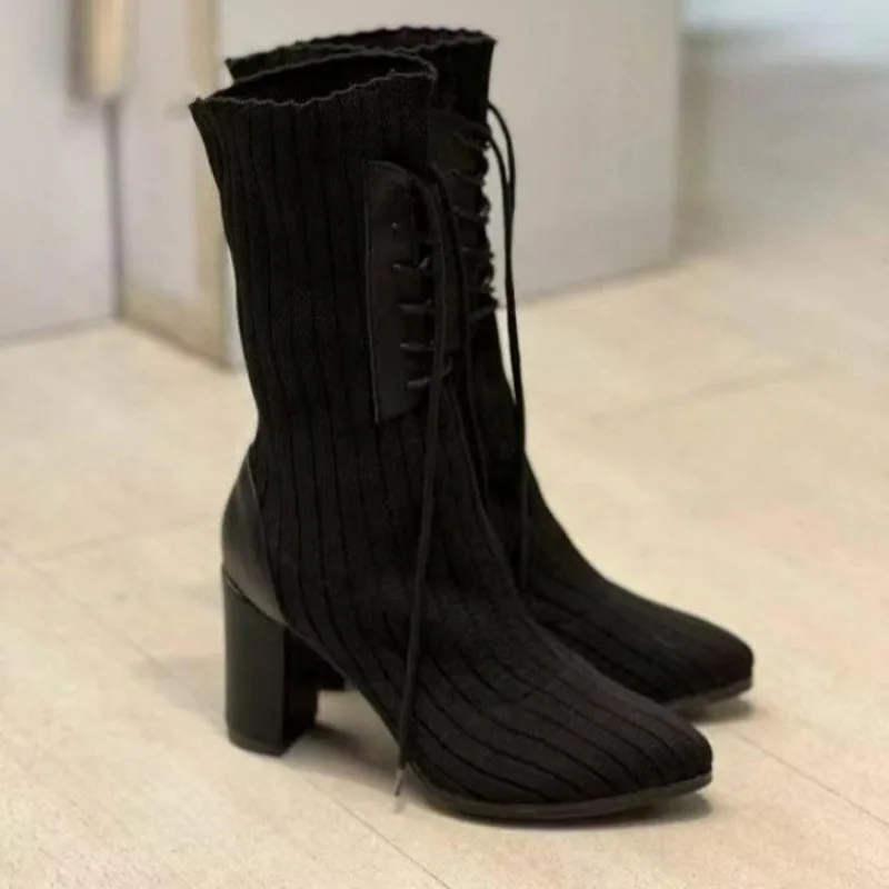 Pointed Chunky Heel Boots Black Surname High Lace-up Knit Sock Boots Plus Size 43 Non-slip Banquet Boots Thigh High