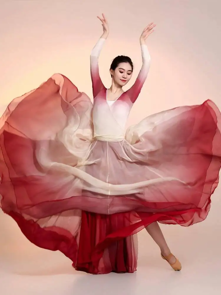 

Classical Dance Costume For Women, Red Gauze Dress, Ancient Style, Flowing Practice Outfit, Gradient Color, Large Hem Skirt,