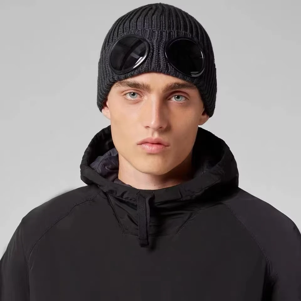 2025 Men's Cap New Extra Fine Merino Goggle Beanie.Men's fashion knitted hat Pilot hat Autumn/Winter warm women's hat