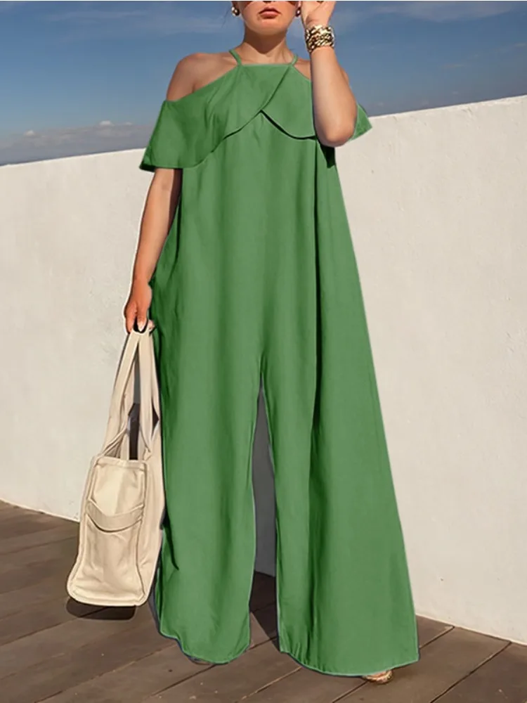 Freeacy 2024 Kombinezon dla kobiet Cold Shoulder Halter Jumpsuit Solid Color High Waist Loose Fit Wide Leg Pleated One-piece Suit