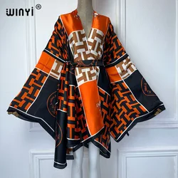 WINYI Africa print kimono summer beach Bohemian long Cardigan Cover-up Casual Boho Maxi Holiday party kimono with belt beachwear