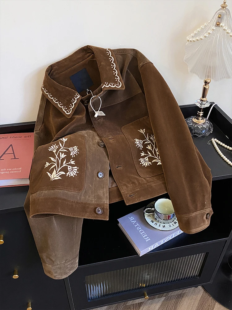 

Ретро-куртка унисекс из замши с цветными вставками, повседневная, универсальная, весенне-осенняя, теплая, с длинными рукавами, на пуговицах, с цветочным принтом