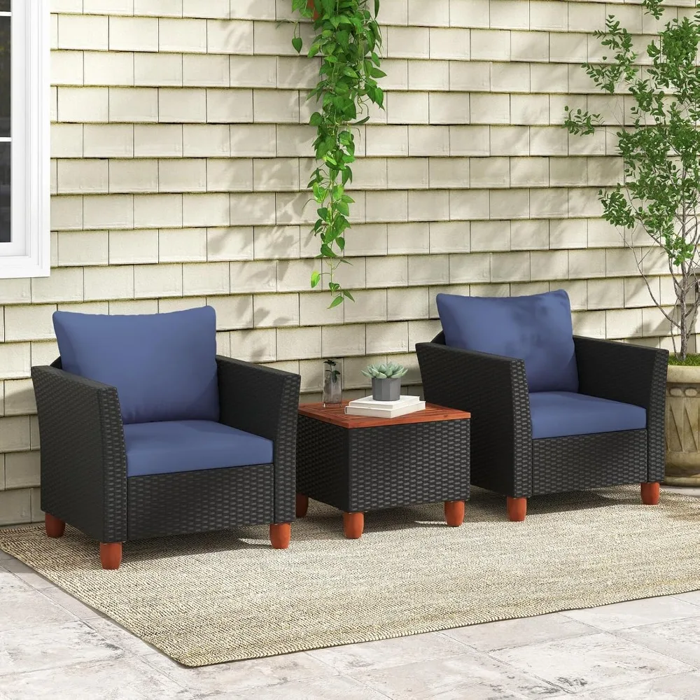 

3-piece courtyard furniture set, outdoor willow conversation chair with cushion, lovesick coffee table, wicker pub set