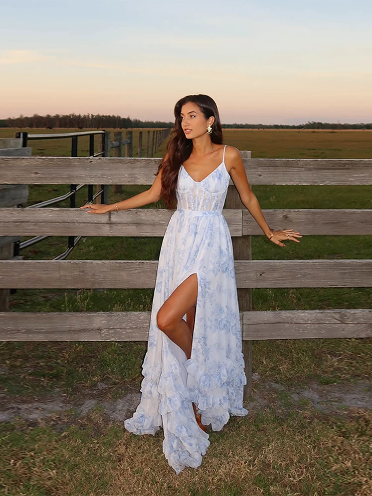 Elegancka Sukienka Balowa z Odkrytymi Ramionami, Kwiatowym Nadrukiem, Falbankami na Bokach, Wysokim Rozcięciem, Koronkową Kamizelką, Sukienki Wieczorowe Księżniczki, Błyszczące, Długie do Podłogi